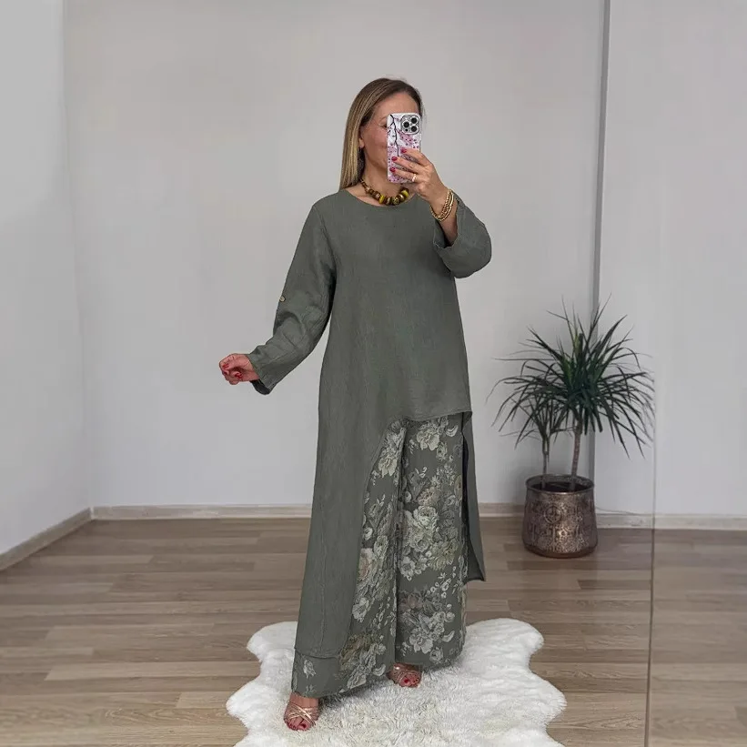 

Elegant Cotton Linen Two Pieces Set Fashion Wide Loose Irregular Top & Print Pant Women Autumn Floral Print Casual 2Pc Outfits