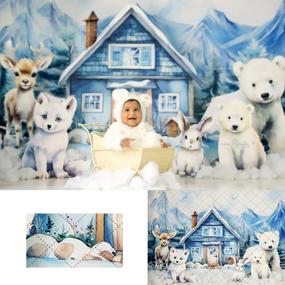 

Arctic Animals Cabin Backdrop Christmas Winter and Polar Bear Kids Baby Cake Smash Birthday Photography Backgrounds
