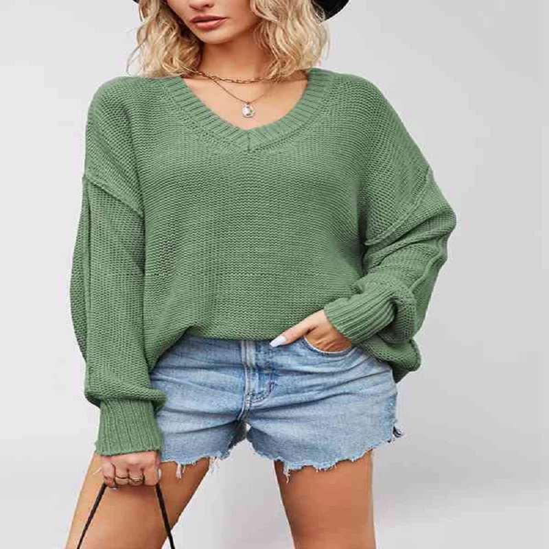 البلوزات للنساء خريف شتاء موضة الخامس الرقبة طويلة الأكمام محبوك البلوز البلوز البلوفرات