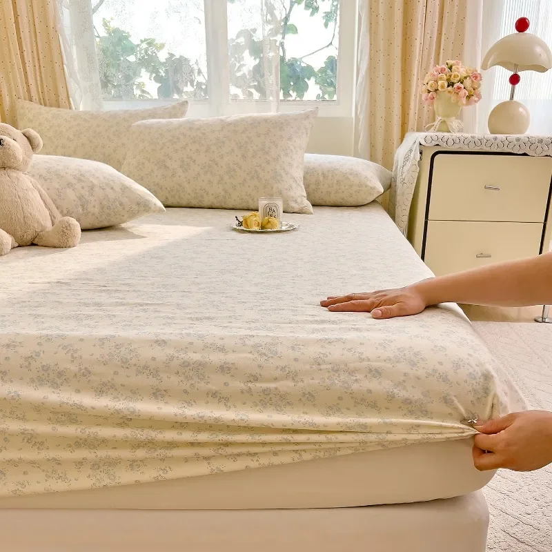 Cotton double-layer yarn printed fitted sheet three-piece set of small floral household bedroom mattress protective cover
