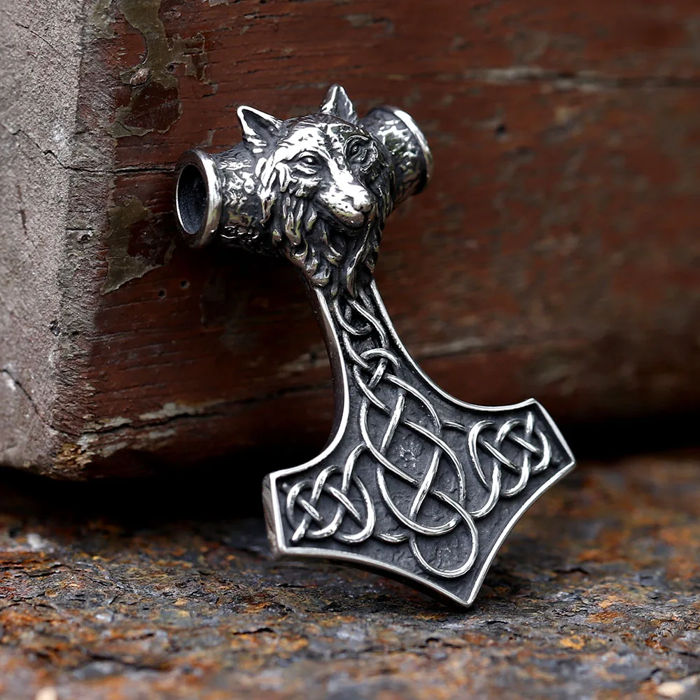 2024 Thor\'s Hammer Mjolnir Scandinavian Rune Amulet Design Stainless Steel Men\'s Pendant Viking Wolf Pendant Animal Jewelry