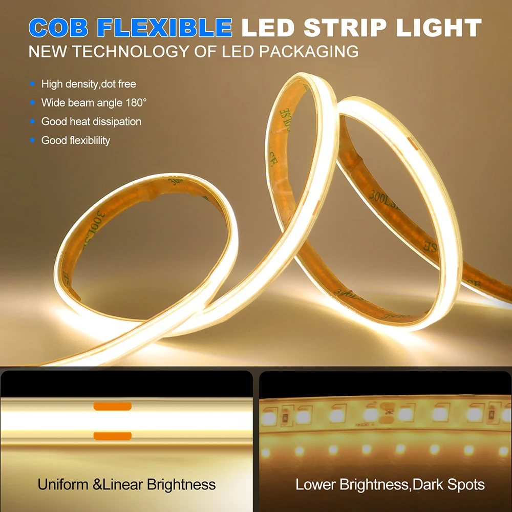 12V 24V COB LED Strip Light Flexible Tape Lamp Rope 480LEDs/m High Density Bright Linear Lighting for Kitchen Cabinet Room Decor
