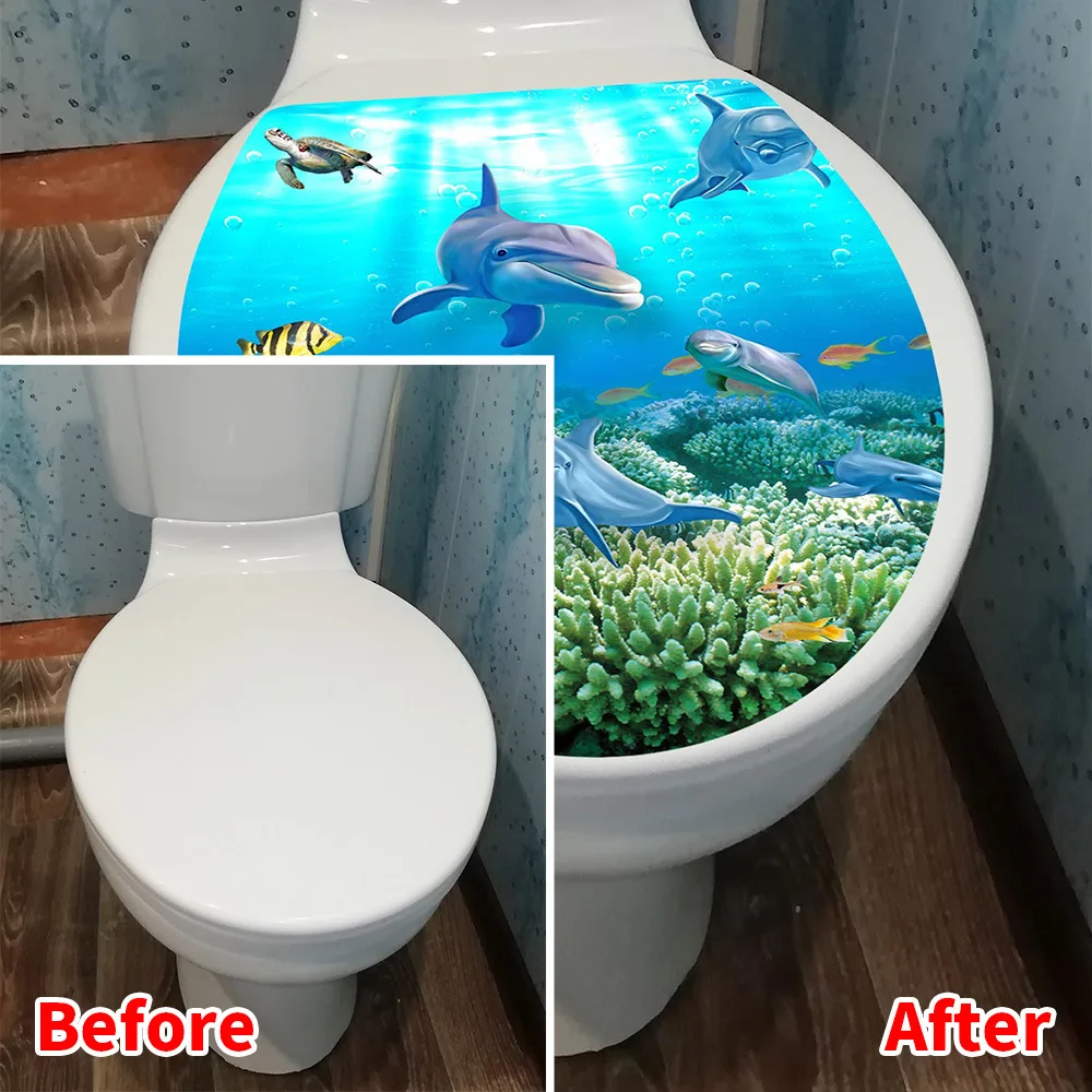 Cartoon Underwater World Toilet Sticker Self Adhesive Removable Reusable Vinyl Toilet Lid Decor