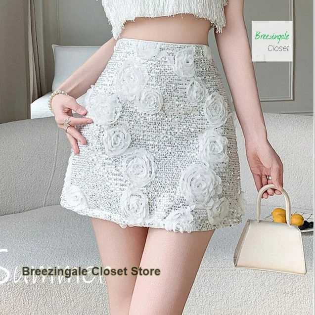 

French temperament heavy industry three-dimensional flower sequined skirt female summer new slim hot girl bag hip A-word skirt