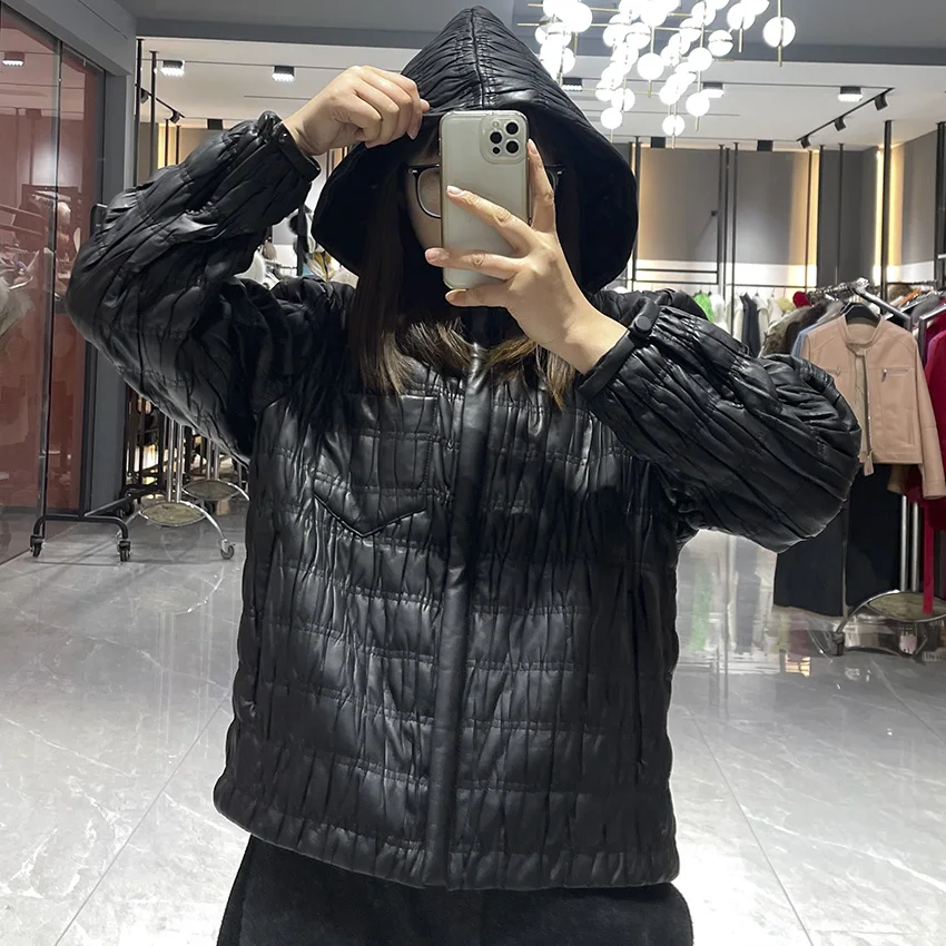 JANEFUR المرأة الربيع مبطن جلد طبيعي مقنعين سترة قصيرة نمط جلد الغنم الخريف JFB6-25010