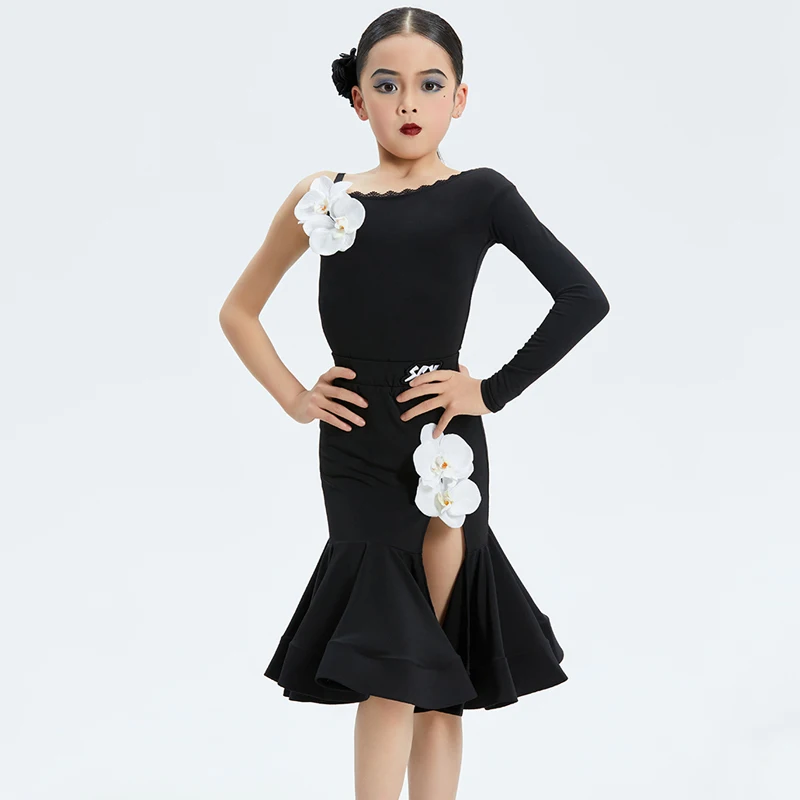 

new National Standard Ballroom Dance Professional Dresses Girls Single Sleeve Latin Dance Costume Kids Dancing Wear XS6853