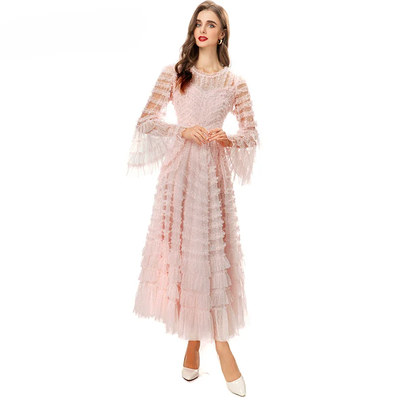 

Autumn Fashion Designer Pink Vintage Party Dress Women Flare Sleeve Cascading Ruffle High Waist Slim Mesh Long Dress