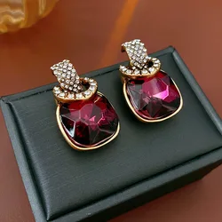 Purple Inlaid Rhinestone Square Geometric Earrings for Women European and American Light Luxury Temperament Wedding Jewelry