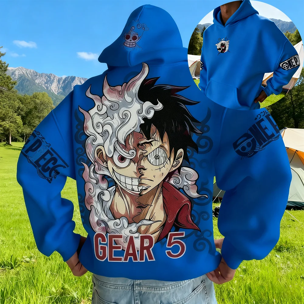 One Piece Anime Luffy Gear Fifth Transformation Cotton Hoodie Pink Character Print Casual Streetwear Long Sleeve Pullover Unisex