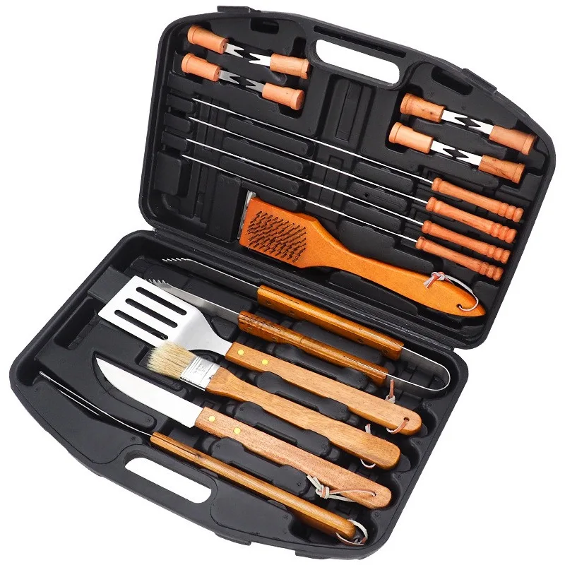

Wooden handle barbecue tool 19-piece set combination stainless steel outdoor wooden handle grill