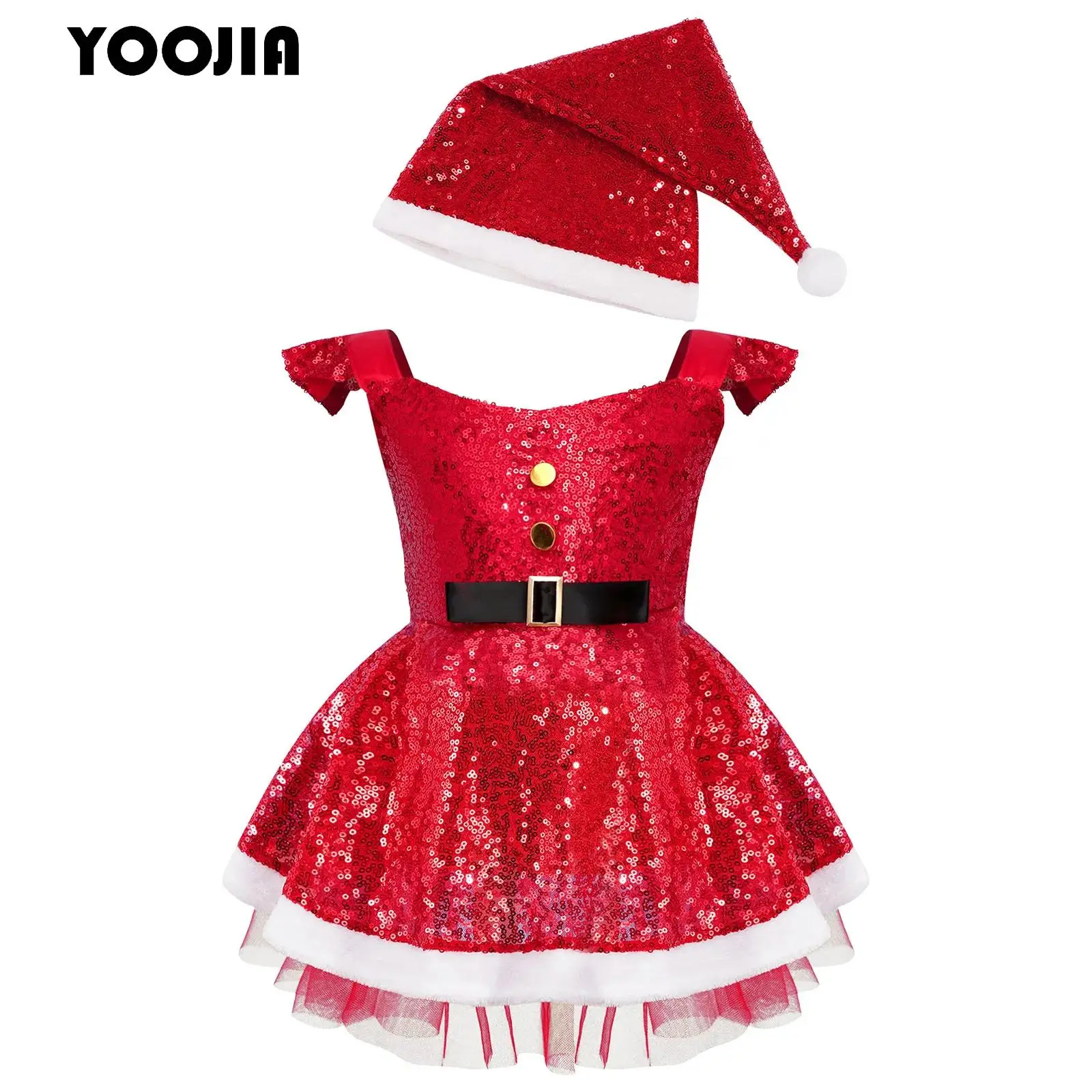 

Baby Girls Shiny Sequin Christmas Mrs Santa Claus Costume Toddler Faux Fur Tutu Dress+Hat Set Xmas Halloween Party Dress Up