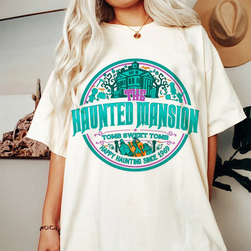 Retro The Haunted Mansion Map Tomb Sweet Tomb Trendy Versatile T-Shirt Printed Women\'s Casual Style Flower Halloween Top T-Shirt