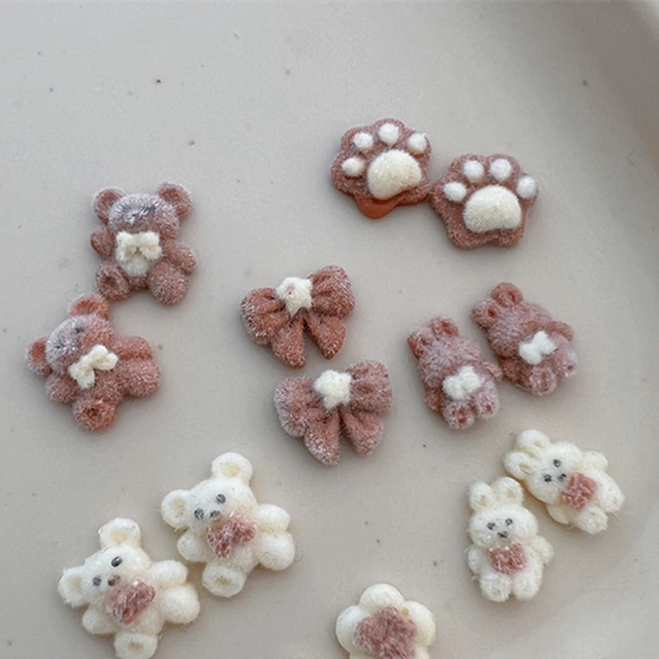 10pcs New Plush Bear Nails Jewelry Cute Plush Bow Rabbit Milk Coffee Charms Nail Art Decoration Rhinestones Manicure Accessories