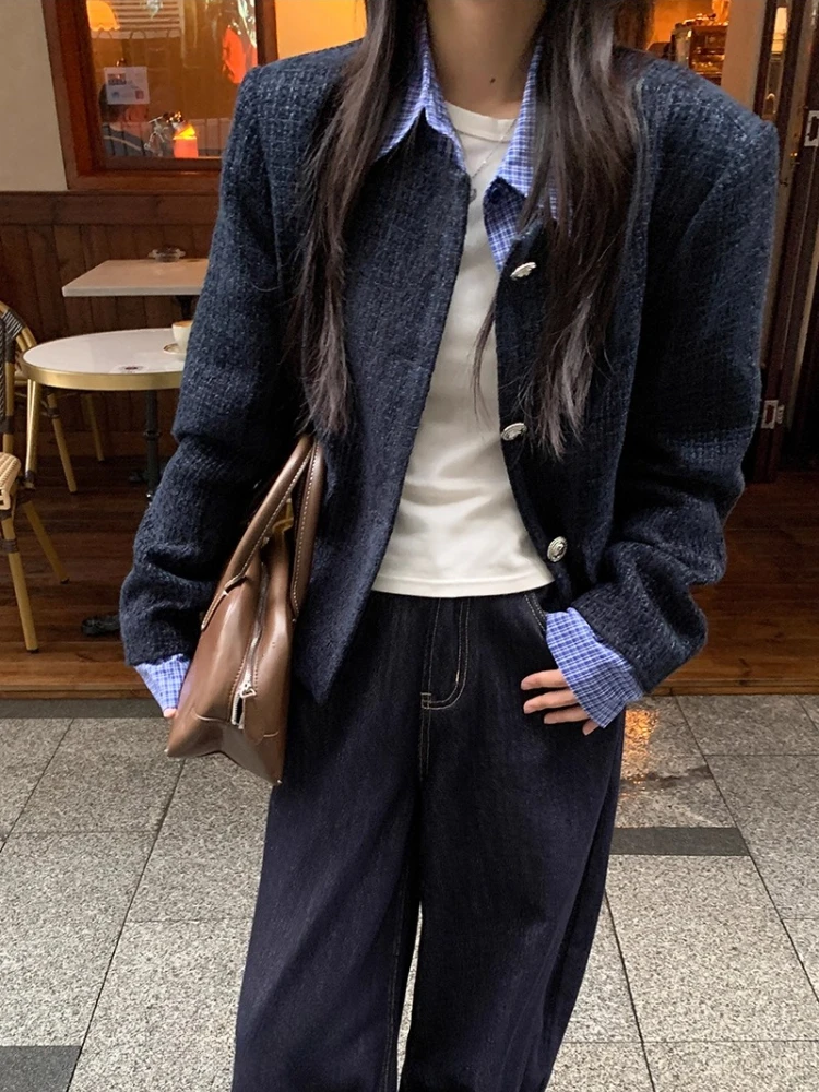 معاطف قصيرة بأزرار فرنسية أنيقة للنساء ملابس خريفية رفيعة بأكمام طويلة سترات كورية عصرية أمريكية عتيقة أنيقة