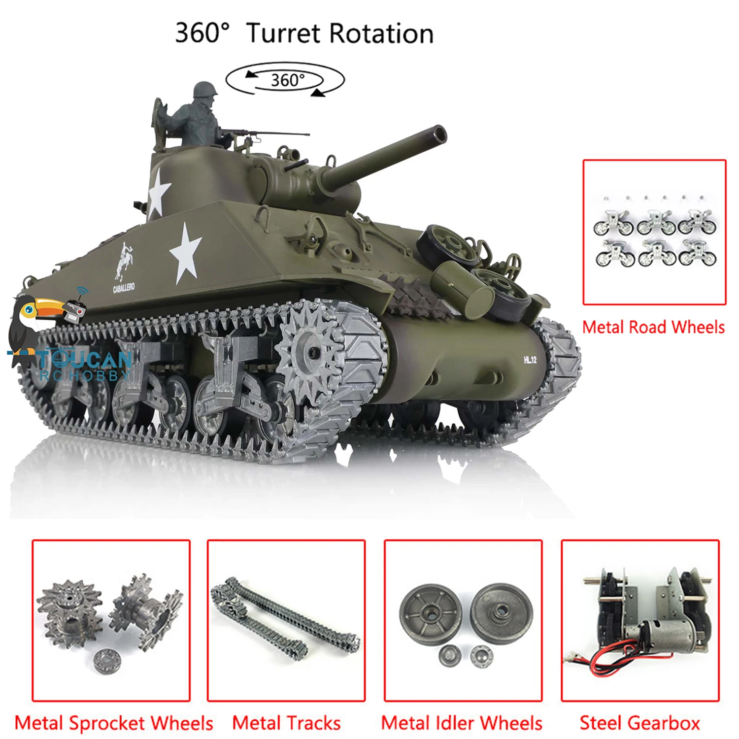 

Henglong 1/16 Танк с дистанционным управлением с коротким корпусом M4A3 Sherman 3898 360 ° Башня 7,0 Ver с металлическими гусеницами, дорожные колеса, коробка передач для вождения