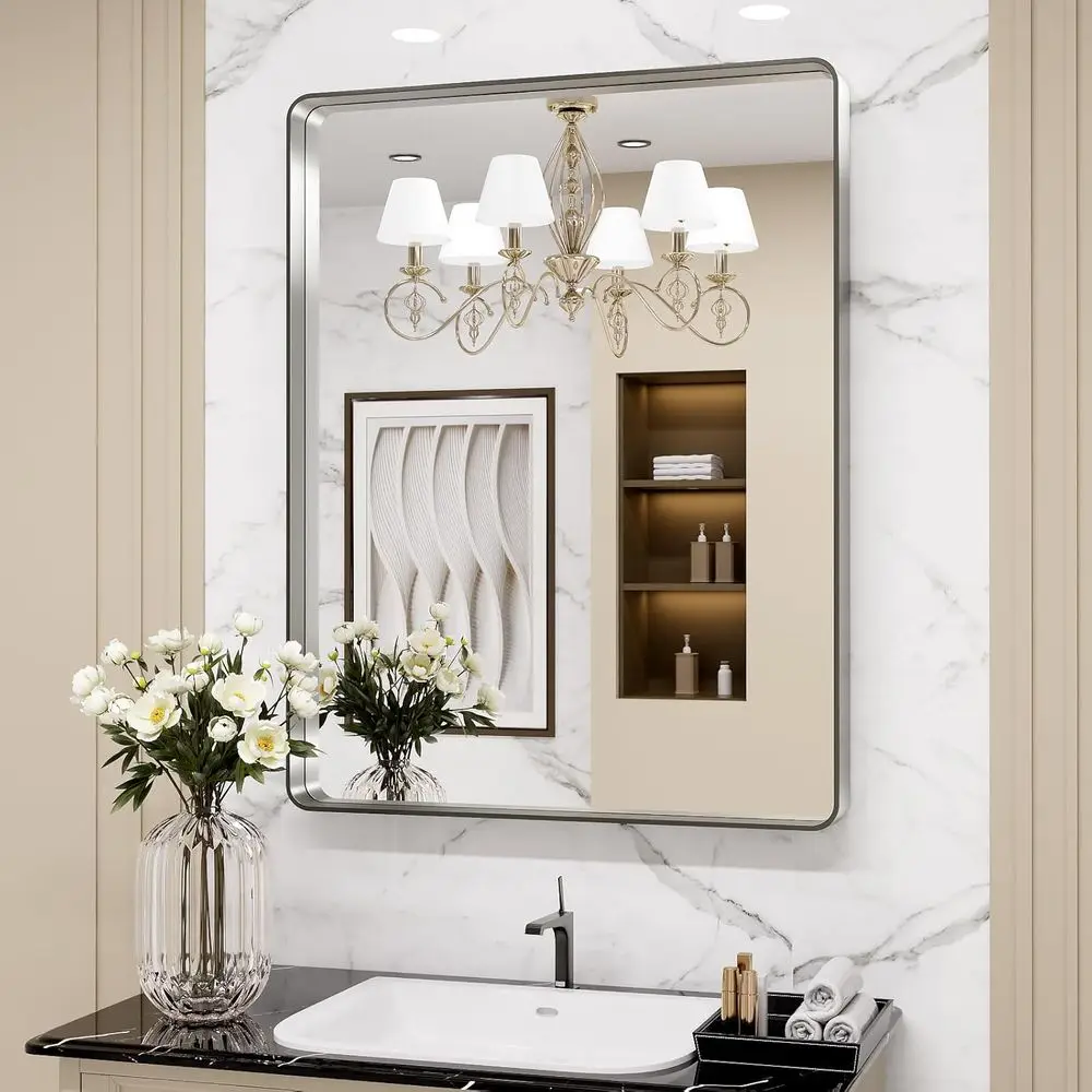 

24x36 Inch Rounded Rectangle Brushed Nickel Bathroom Mirror with Anti-Rust Metal Frame