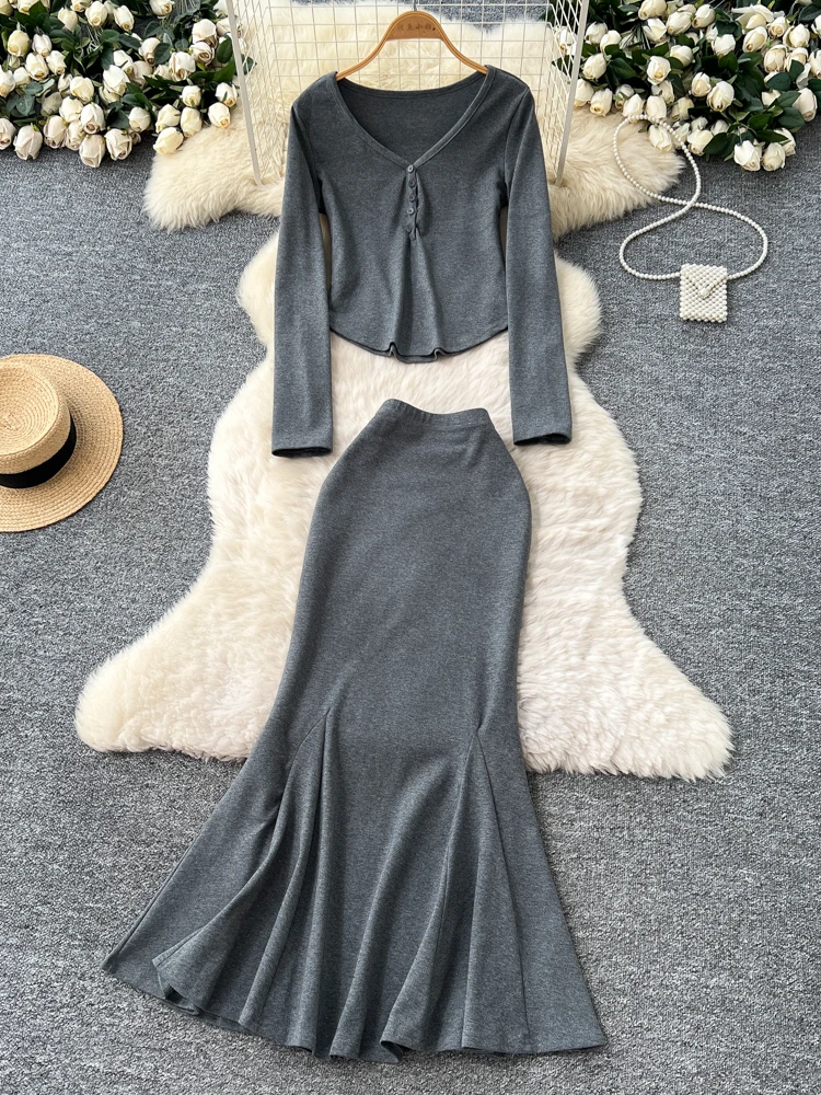 

Повседневный женский топ с v-образным вырезом Long Sve и высокой талией, комплект с юбкой Fi Tail, простой универсальный осенний ансамбль Faion