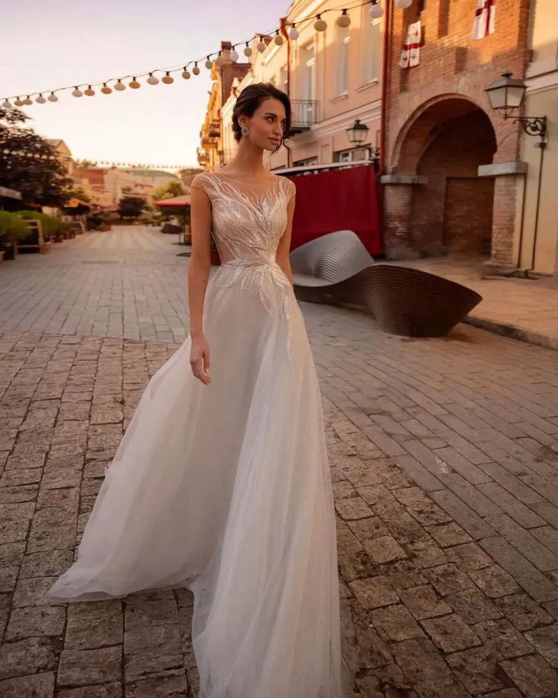 Brilhante lantejoulas apliques de renda vestido de casamento o pescoço boné manga tule trem varredura elegante vestido de noiva robe de mariee