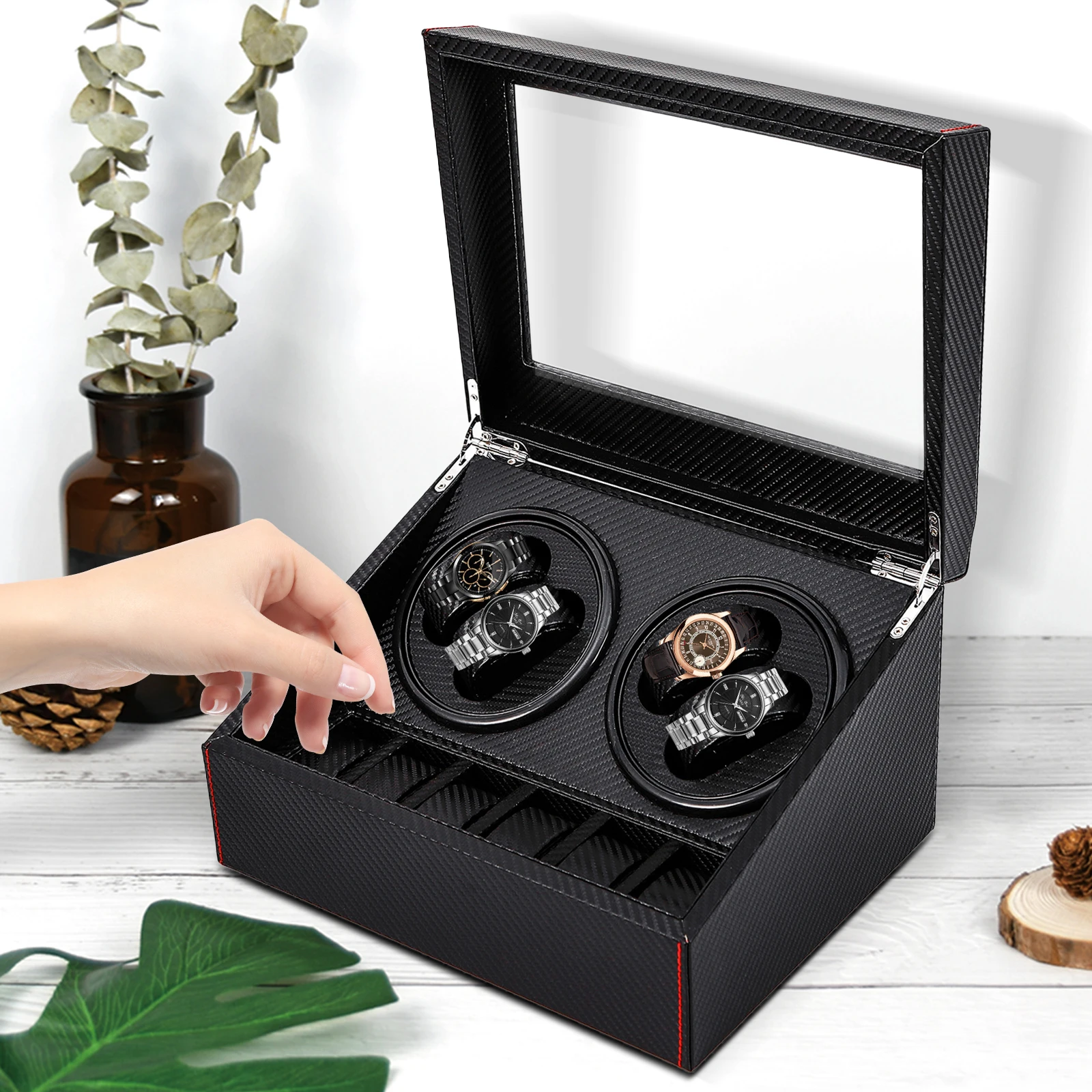 4+6 Luxury Automatic 2 Motor Watch Winder Carbon Fiber Display Box Case Storage Black