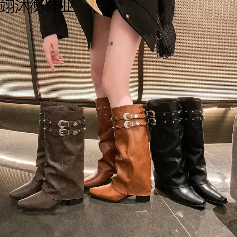 

American Retro Baddie Style Women's Crumpled Knee High Riding Boots with Studs | Slimming Stacked Leather Boots for Pants