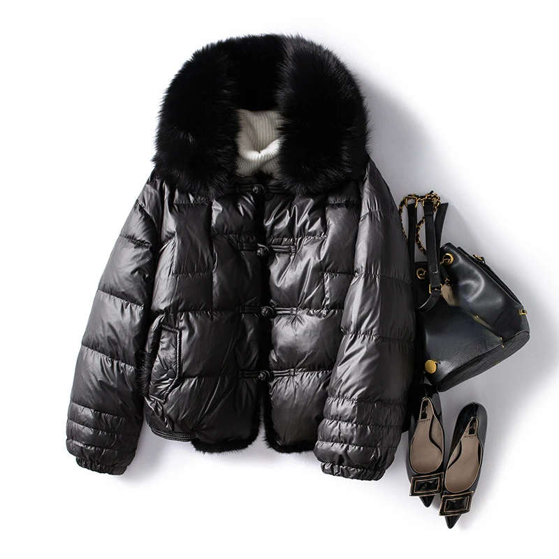 Winter Women Real Fox Fur Collar 90% White Duck Down Jacket Ladies Warm Puffer Coat Female Vintage Button Thick Parkas