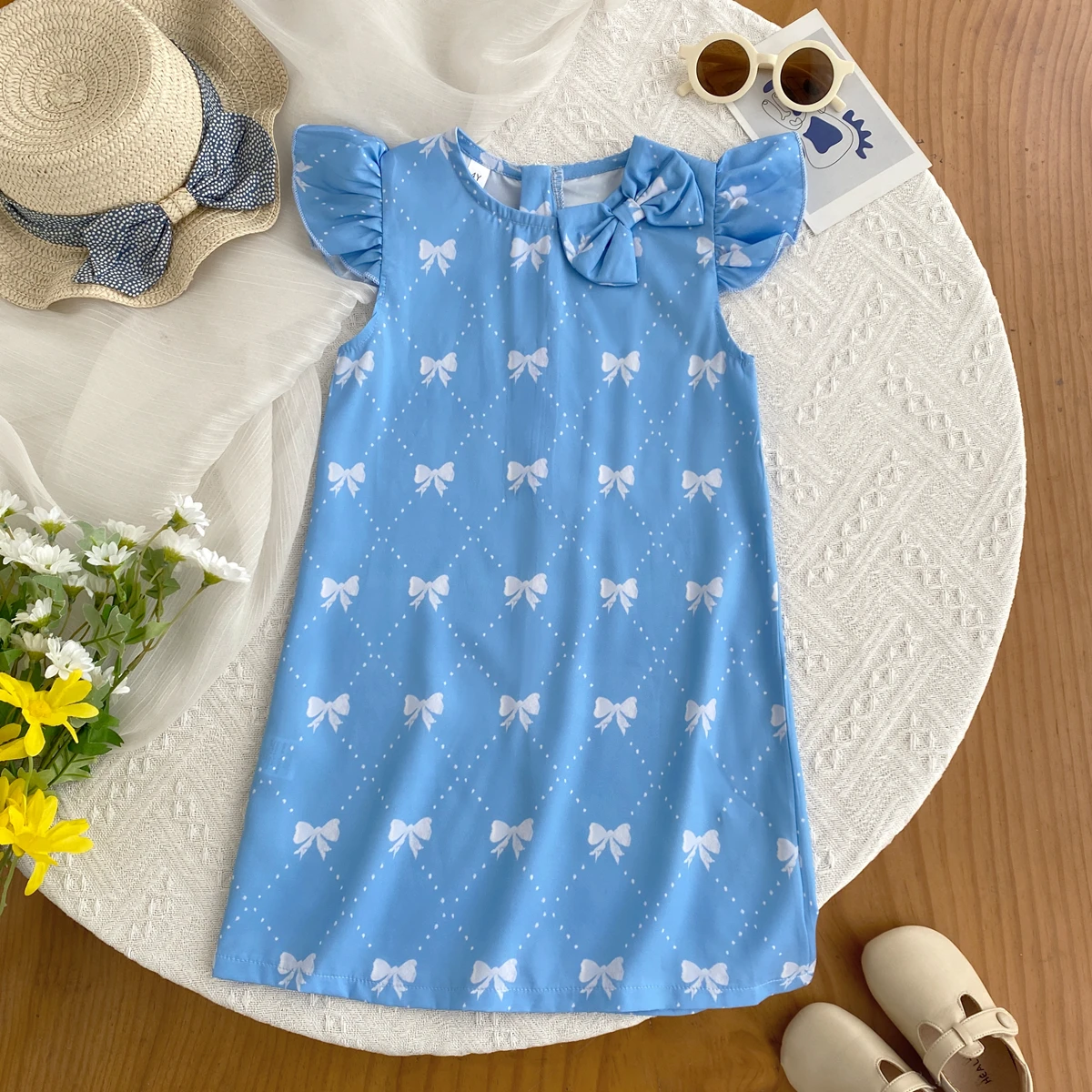 Europe and America Girls Dress Bow Print A Version Straight Fly-Sleeve Casual Dress Party Kids Clothes