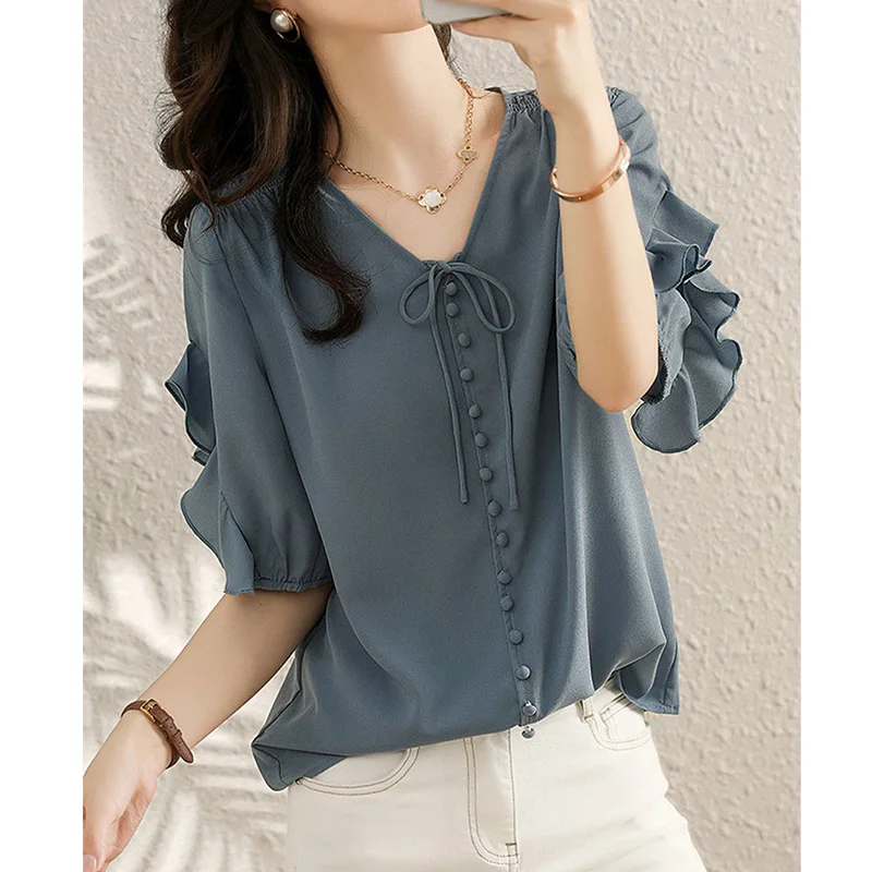 Elegant Fashion Solid Drawstring Button Ruffles Shirt Summer 2023 New V-Neck Half Butterfly Sleeve Pullovers Tops Women Clothing