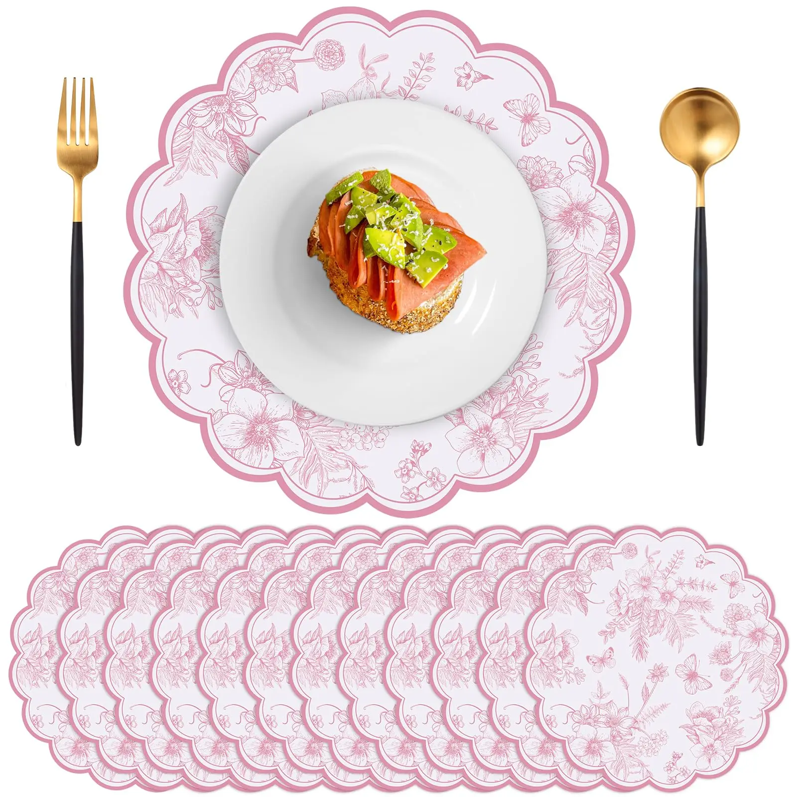

50 Pcs Pink Floral Paper Placemats,Disposable Scalloped Table Mats Wedding Placemats,Vintage Floral Banquet Place Mats for Table