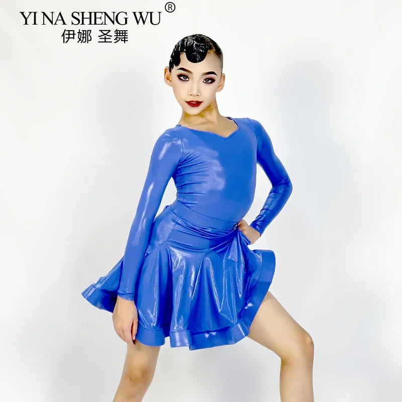 Nuovo vestito da ballo latino per ragazze Costume da spettacolo diviso a maniche lunghe in pelle brillante per bambini Cha-cha Samba Abbigliamento da palcoscenico professionale