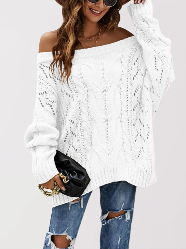 เสื้อไหมพรมถักทรงหลวมแบบเปิดไหล่ สไตล์ฤดูใบไม้ร่วงและฤดูหนาว ดีไซน์ใหม่สำหรับผู้หญิง คอเสื้อทรงเอ สีพื้น เรียบหรู