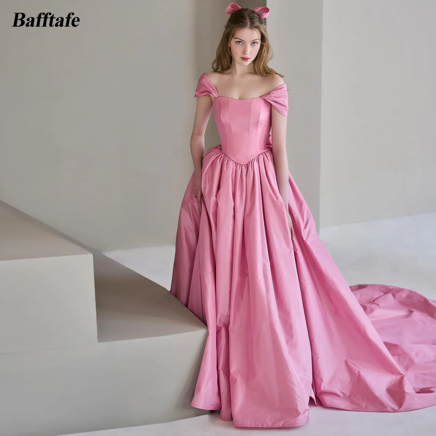 

Bafftafe Pink Korea A Line Taffeta Prom Dresses Different Styles Women Formal Party Dress Bow Spaghetti Strap Evening Gowns