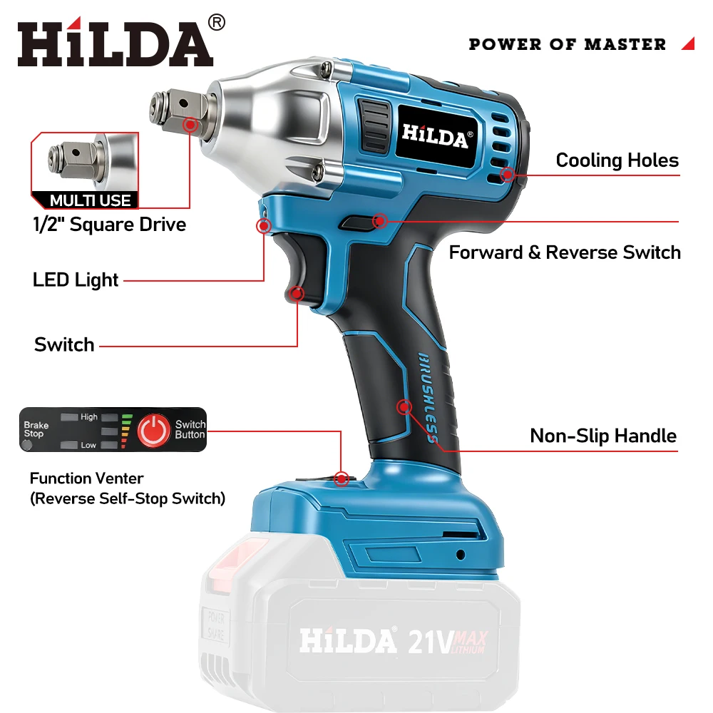 HILDA Electric Wrench Brushless/Brushed Impact Wrench 1/2 inch Screwdriver Cordless Wrench Power Tool For Makita 18V Battery Pin