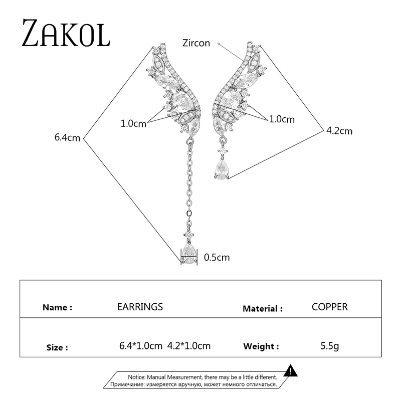 ZAKOL Personality Asymmetrical Wings Earrings for Women Fashion Green Cubic Zirconia Drop Earring Female Party Jewelry EP5424