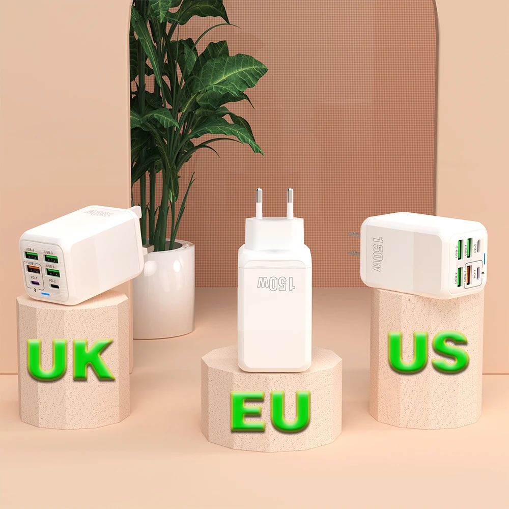 150W USB C Fast Charger QC3.0 PD 4 USB +2 PD Quick Charging Type C Wall Adapter for iPhone 15 Samsung Huawei Xiaomi Oneplus