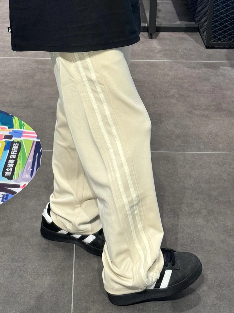 

American Retro Men's Summer Trendy Loose Wide Leg Pants Stripe Sport Casual Long Trousers Breathable Straight Cut Leisure Pants