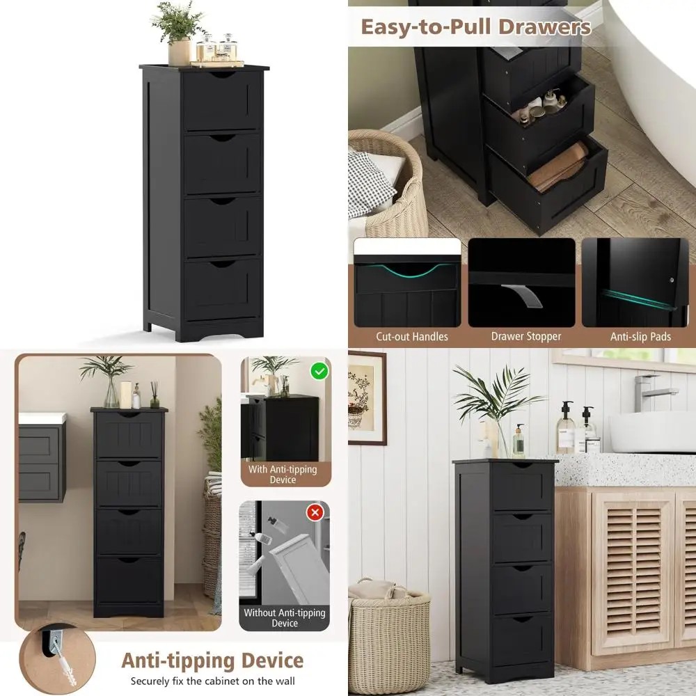 

freestanding 32.5" 4-drawer wooden bathroom storage cabinet with anti-tip feature