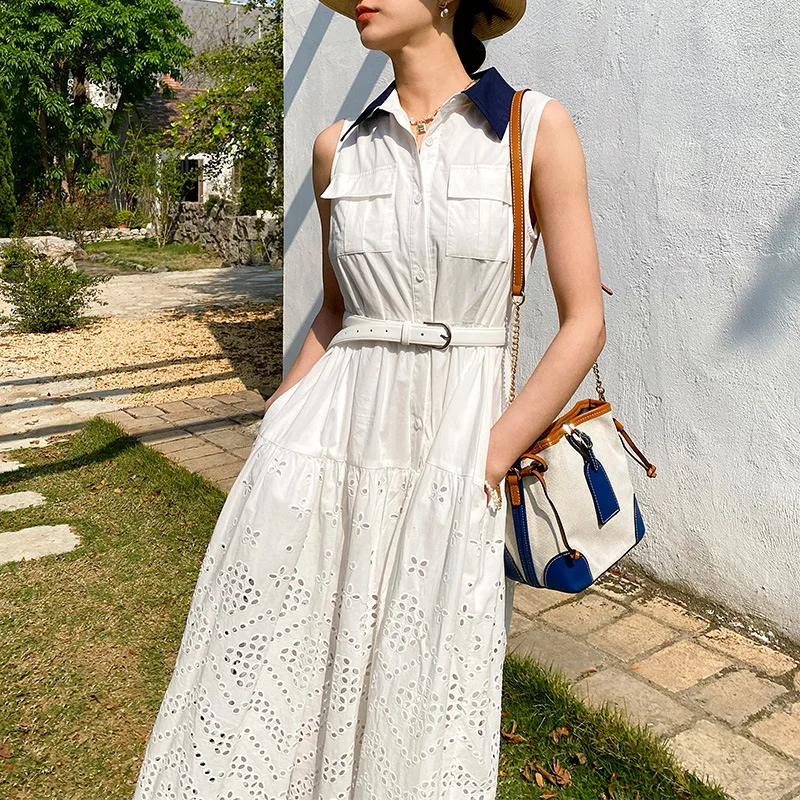 Sleeveless Eyelet Embroidered Midi Dress with Belted Waist & Shirt Collar Summer Vintage A-Line Women Dress Casual & Vacation