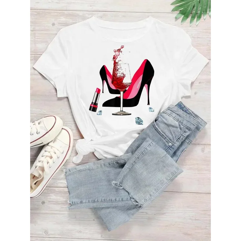 Maycaur new high heel wine glasses graphic print t shirt women funny tshirts casual white short sleeves tops tees feamle clothes