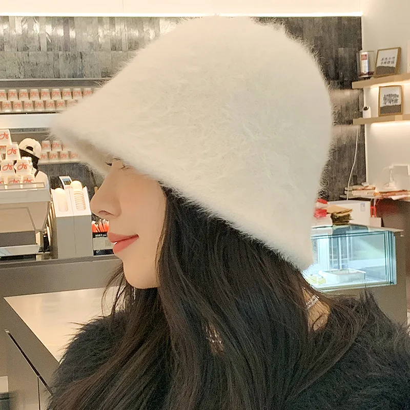 New Fashion Artificial Rabbit Fur Bucket Hat Women Autumn Winter Warm Thickened Fisherman Hat Panama Plush Basin Hat Lady Cap