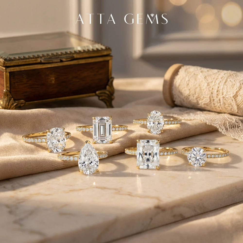 ATTAGEMS Moissanite Rings Collection Oval Emerald Round Princess Marquise Paved Halo Band S925 Silver Wedding Jewelry For Women
