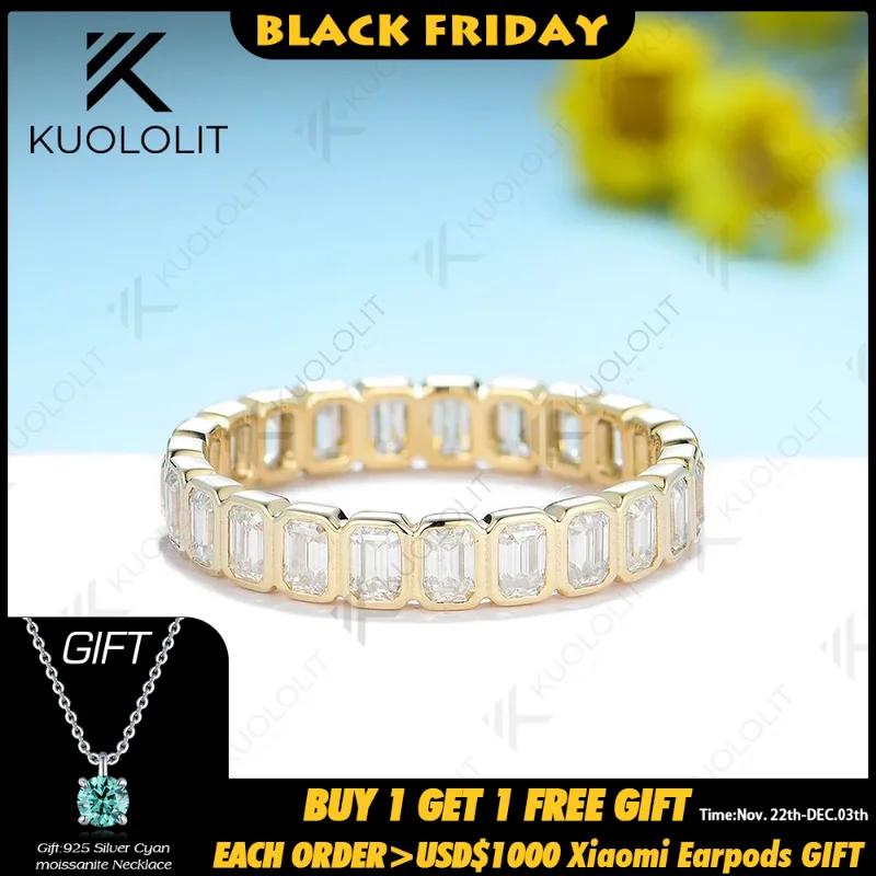 Kuololit 3.5CTW Emerald Cut Moissanite Ring for Men Women PT950 Soild 14K 10K Yellow Gold Silver Band Ring for Wedding Christmas