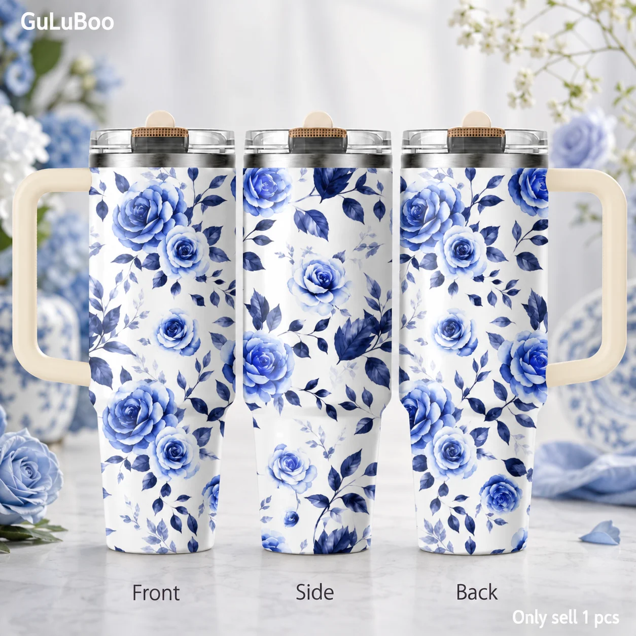 Vintage Rose Graphics Vacuum Flasks 40oz 3rd Gen Vacuum Insulated Stainless Steel Tumbler Cup With Handle Straw Lid For Gifts
