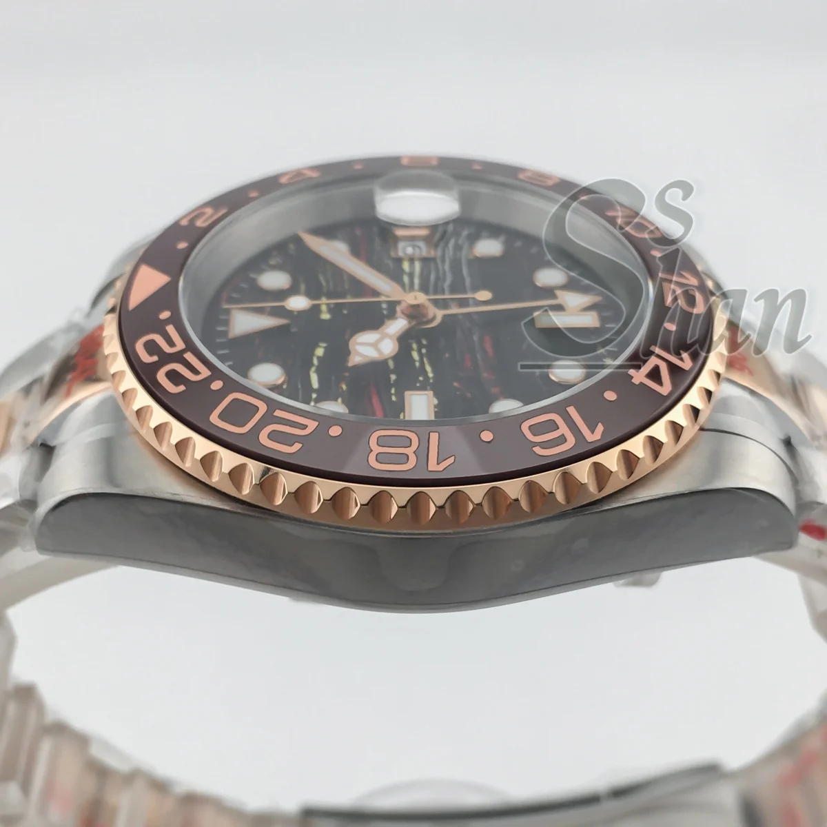 NH34 40mm dos tonos oro rosa GMT reloj automático NH34 de lujo para hombres cristal de zafiro abertura para fecha reloj luminoso con bisel de cerámica