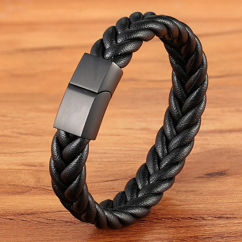 

Stylish men's jewelry Brown black braided leather rope bracelet Stainless steel magnetic buckle Punk Father's Day wristband gift