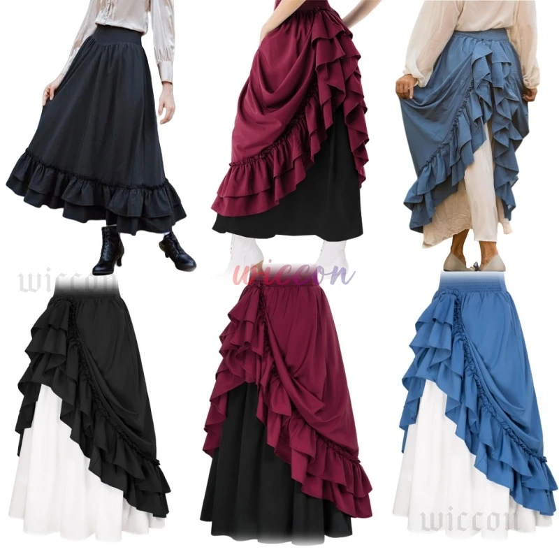 

Casual Dual Layer Skirt Button Renaissance Costume Women Back Double Ruffle Long Shirring Skirt Waist Elastic Band Maxi Length