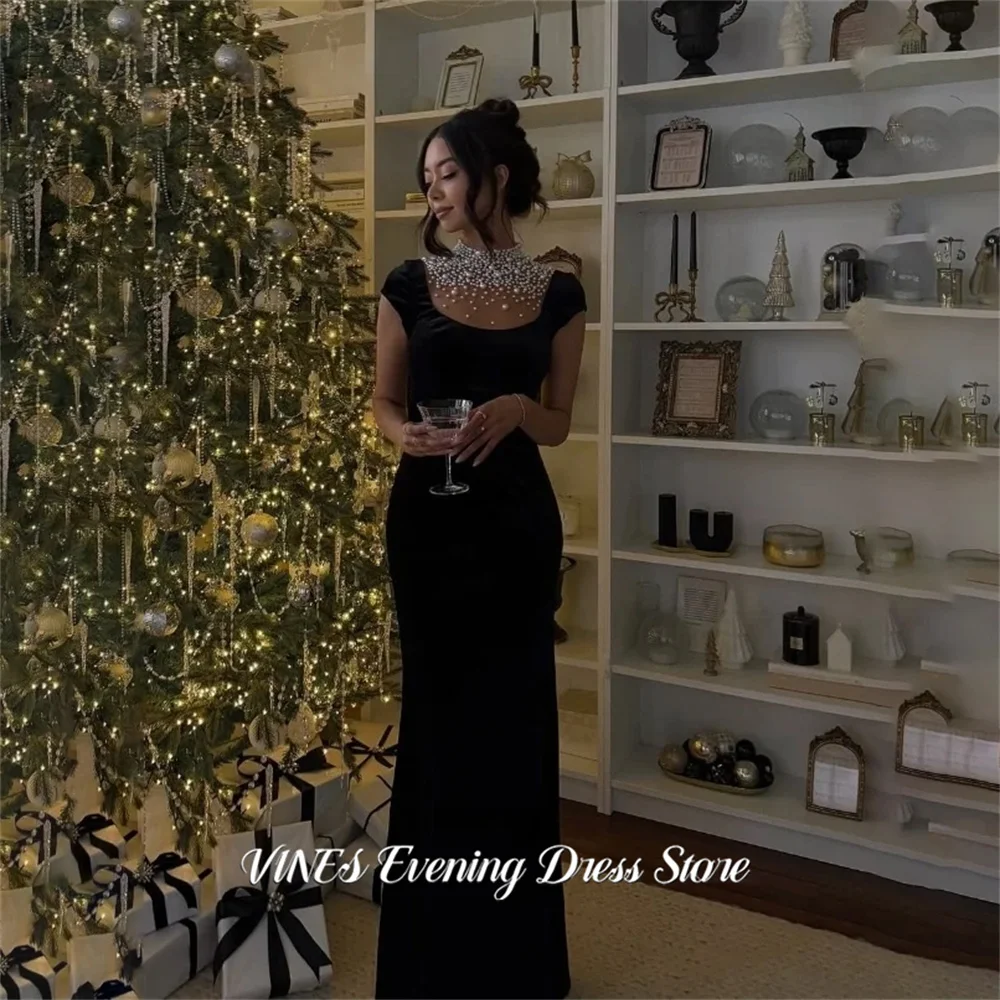 

VINES Black Party Dress High Neck Mermaid فساتين السهرة with Pearl Beaded Night Dress Velvet Prom Dress Customized
