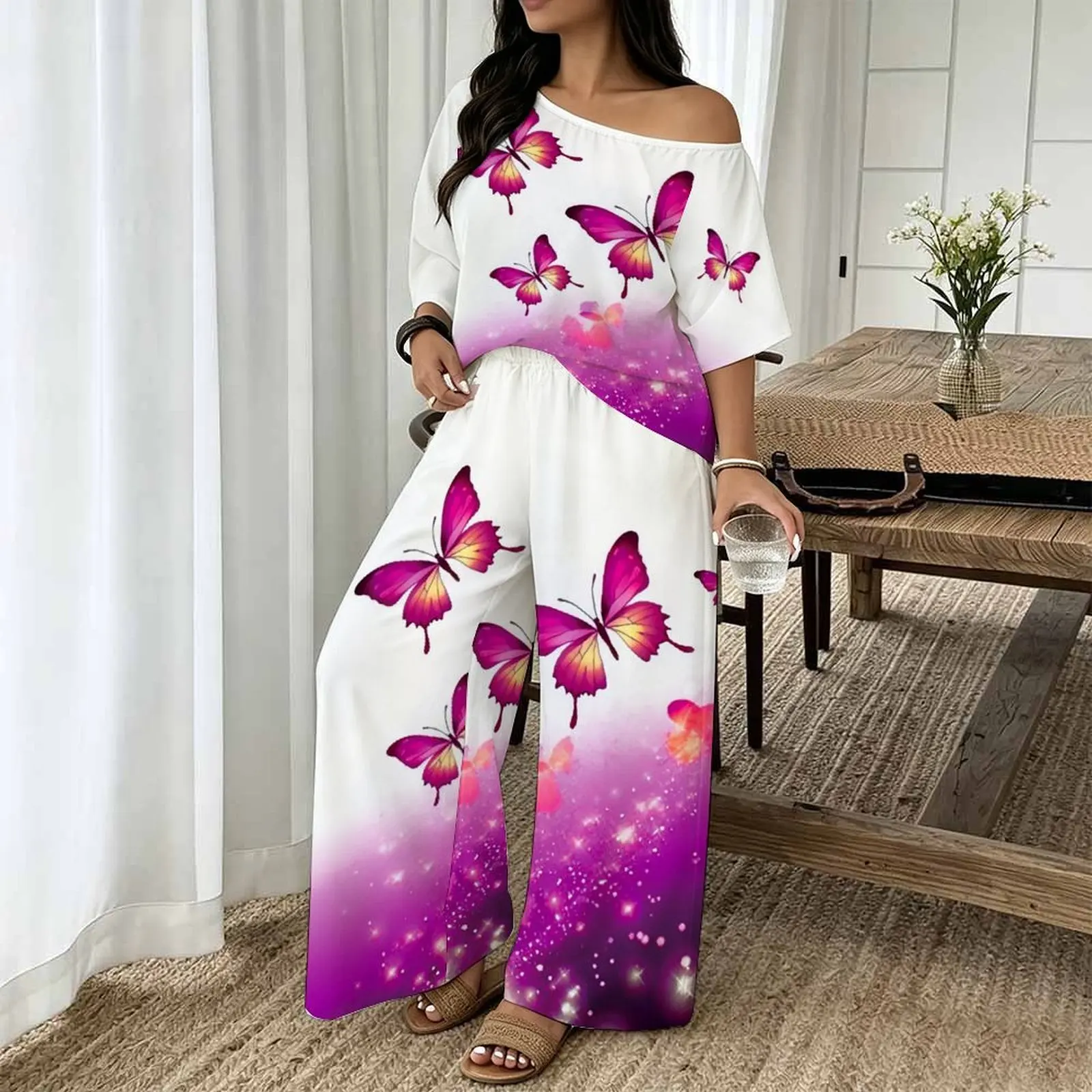 Plus Size Women casual Print Two Piece Set round neck sloping shoulders  short sleeved top clothes beach vacation sweatpants