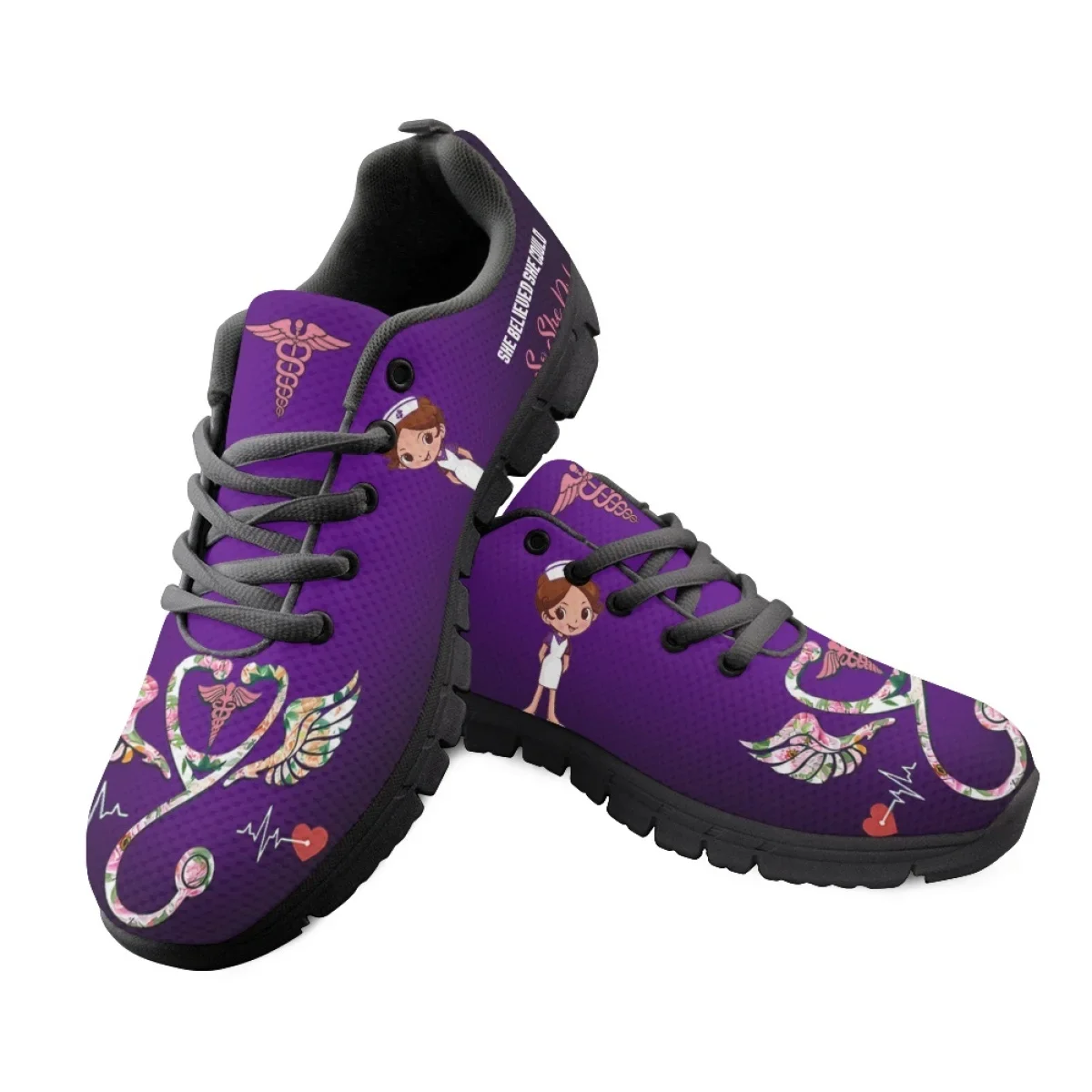 Kawaii Nurse Girls Medical Assistant Purple Pattern Lekkie płaskie buty dla kobiet Casual Nurse Sneakers Custom