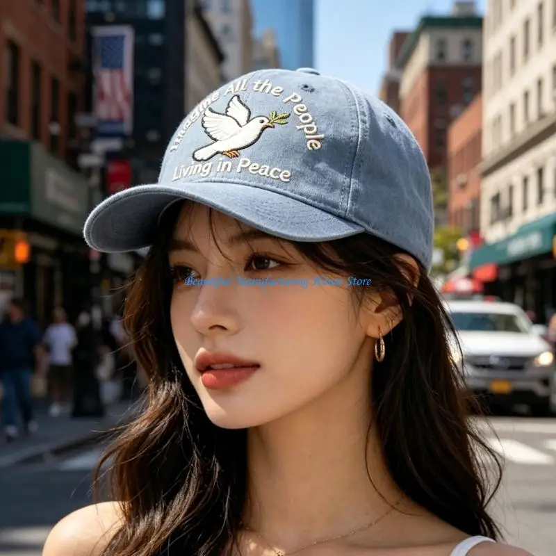 E56A Unisex Cotton Sunscreen Hat Outdoor Sports Cap Feature Flying Bird Embroidery And Inspirational Peace Slogan