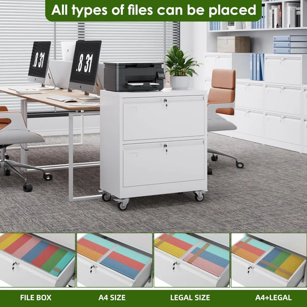Lockable Metal Lateral File Cabinet with Wheels for Home Office - Legal/Letter Size, White, Storage Solution